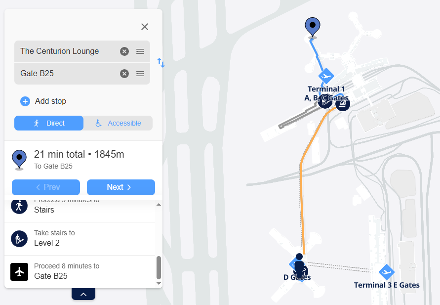 GateFinder interactive airport map showing gate navigation